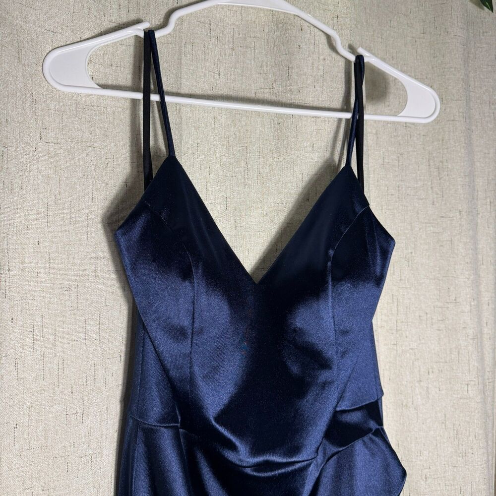 B Darlin Navy Satin Formal Dress 7/8 Women Prom Wedding Guest Fitted - Picture 2 of 3